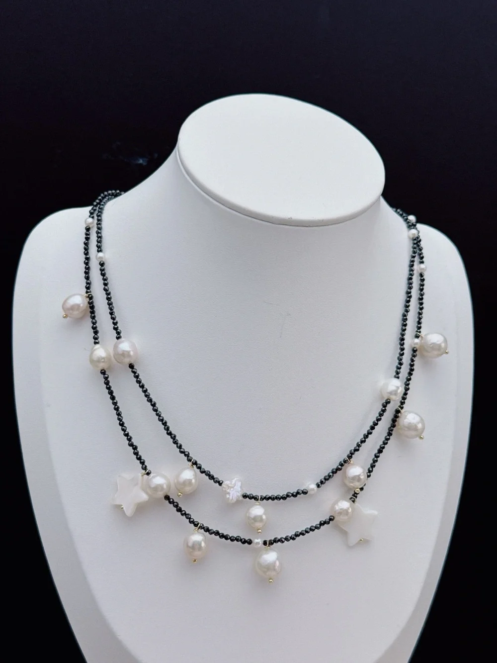 26X520 Handmade Edison Baroque Pearl Black Spinel Double Layer Necklace 16+2”